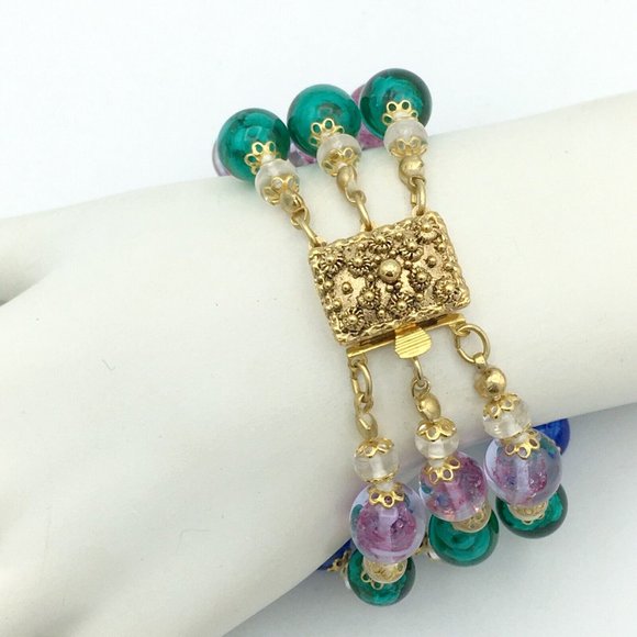 GIVRE glass bead vintage bracelet - 3-strand knotted gold-tone caps fancy clasp - Picture 4 of 8